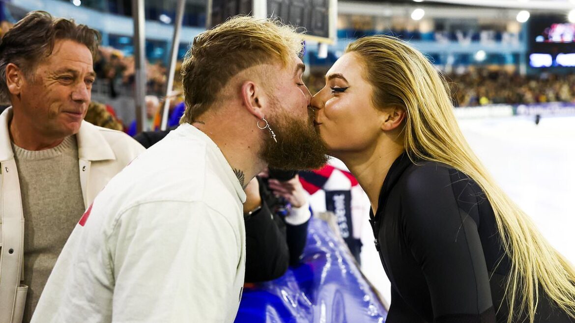 Jake Paul watches speed skater girlfriend Jutta Leerdam win fourth Dutch sprint title – before they share a kiss in celebration